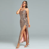 Strappy Sleeveless Slit Sequined Bodycon Dress